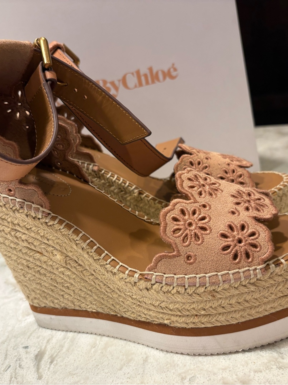 See By Chloé Blush Pink Suede Floral Espadrille Wedge Sandals